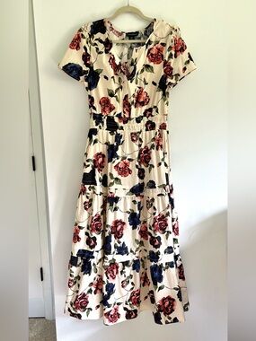 Cynthia Rowley Cream Floral Smocked Tiered Cotton Maxi Dress Short Sleeve Summer
